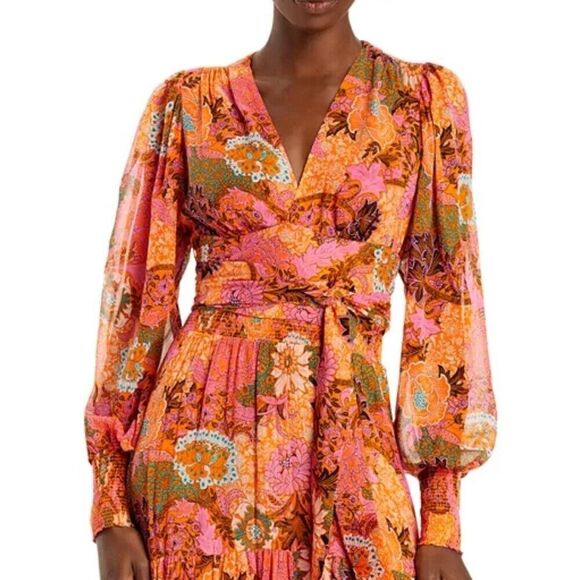 A.L.C. Samara Silk Floral Cropped Top Orange Pink Long Sleeve Blouse size 00 - Picture 8 of 13